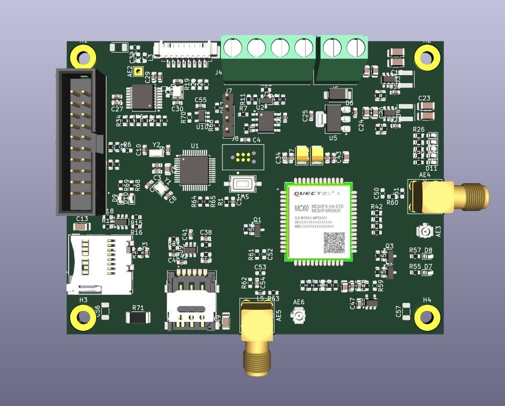 Render de una placa PCBA real diseñada por Diseña Tu PCB